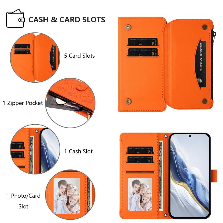 For Google Pixel 10 Pro XL / 9 Pro XL Butterfly Love Flower Multi-card Zipper Wallet Leather Phone Case(Orange) - Google Cases by buy2fix | Online Shopping UK | buy2fix