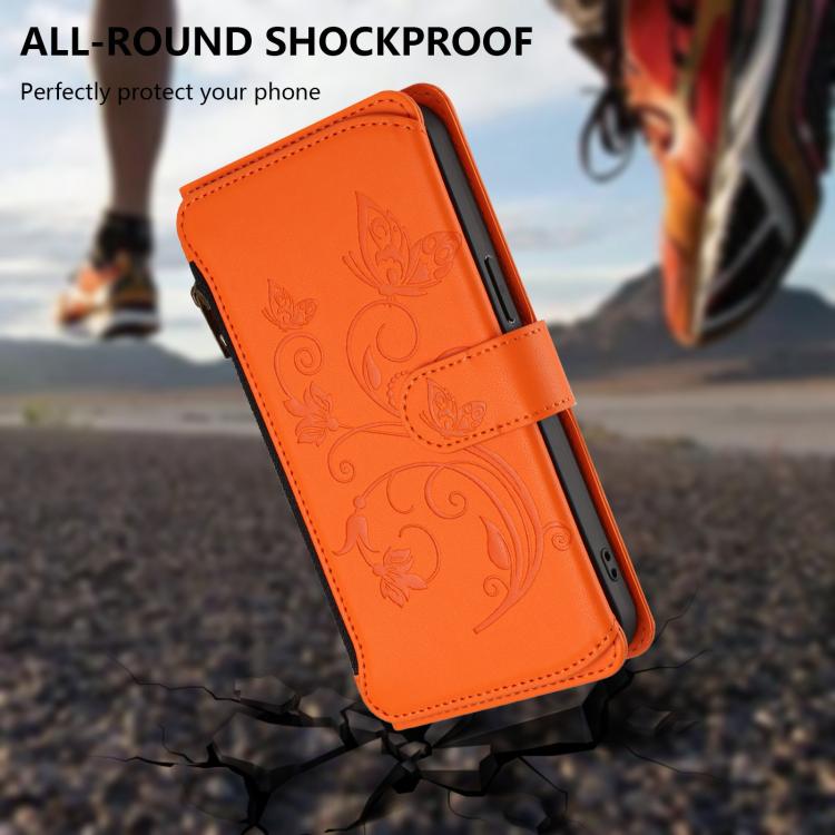 For Google Pixel 10 Pro XL / 9 Pro XL Butterfly Love Flower Multi-card Zipper Wallet Leather Phone Case(Orange) - Google Cases by buy2fix | Online Shopping UK | buy2fix