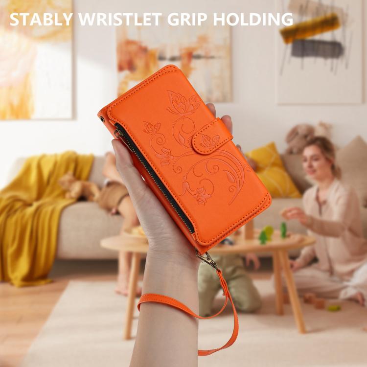 For Google Pixel 10 Pro XL / 9 Pro XL Butterfly Love Flower Multi-card Zipper Wallet Leather Phone Case(Orange) - Google Cases by buy2fix | Online Shopping UK | buy2fix