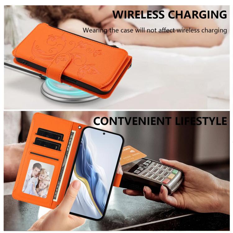 For Google Pixel 10 Pro XL / 9 Pro XL Butterfly Love Flower Multi-card Zipper Wallet Leather Phone Case(Orange) - Google Cases by buy2fix | Online Shopping UK | buy2fix