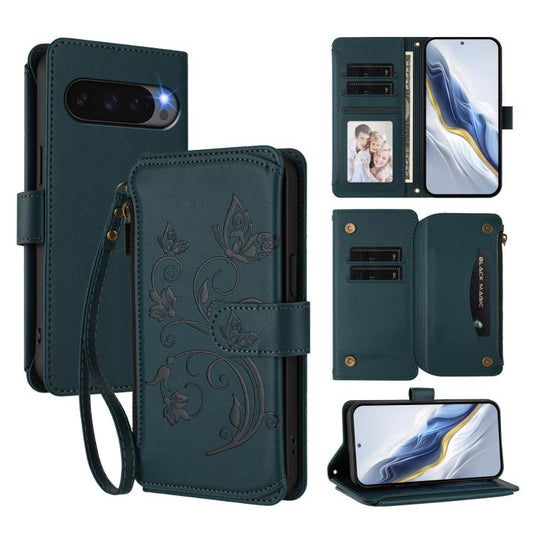 For Google Pixel 10 Pro XL / 9 Pro XL Butterfly Love Flower Multi-card Zipper Wallet Leather Phone Case(Dark Green) - Google Cases by buy2fix | Online Shopping UK | buy2fix