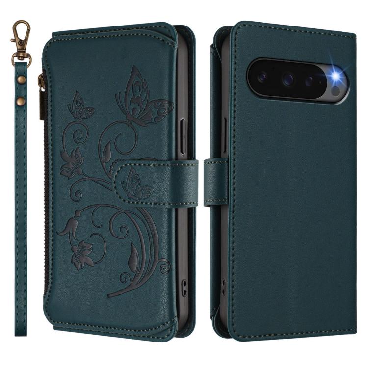 For Google Pixel 10 Pro XL / 9 Pro XL Butterfly Love Flower Multi-card Zipper Wallet Leather Phone Case(Dark Green) - Google Cases by buy2fix | Online Shopping UK | buy2fix