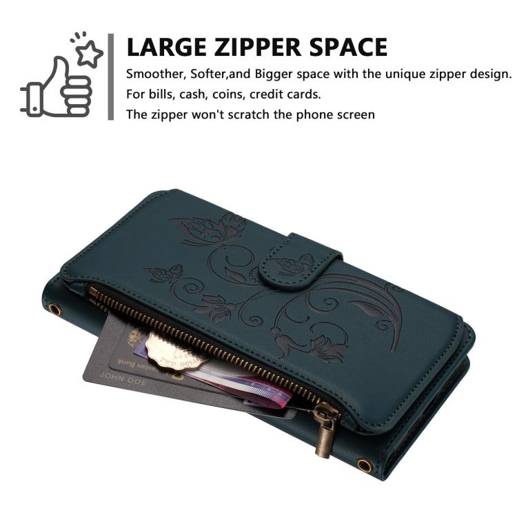 For Google Pixel 10 Pro XL / 9 Pro XL Butterfly Love Flower Multi-card Zipper Wallet Leather Phone Case(Dark Green) - Google Cases by buy2fix | Online Shopping UK | buy2fix