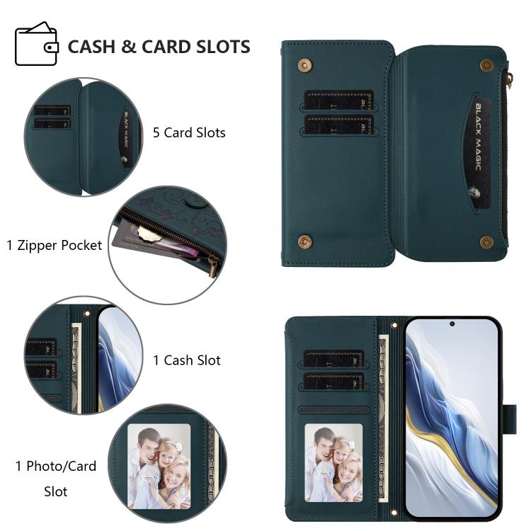 For Google Pixel 10 Pro XL / 9 Pro XL Butterfly Love Flower Multi-card Zipper Wallet Leather Phone Case(Dark Green) - Google Cases by buy2fix | Online Shopping UK | buy2fix