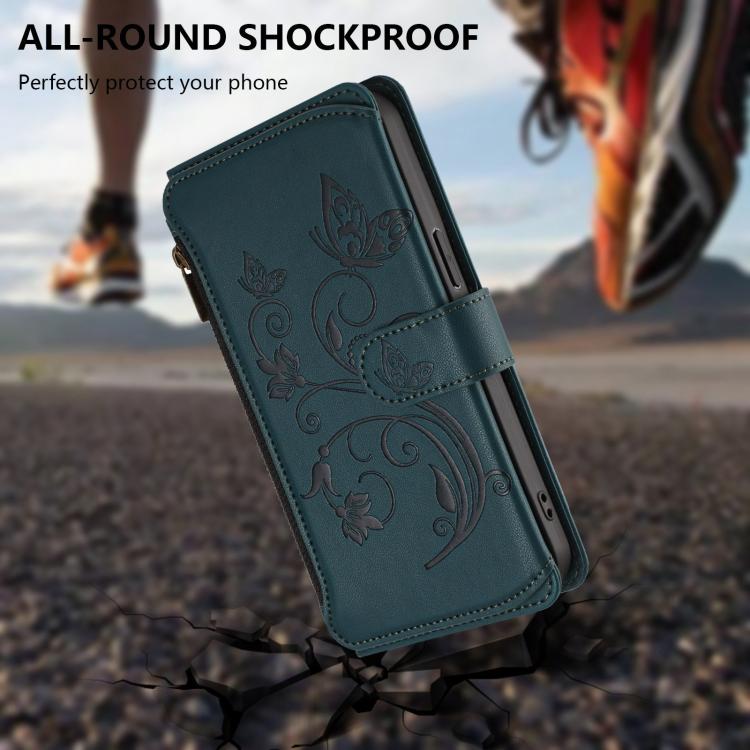 For Google Pixel 10 Pro XL / 9 Pro XL Butterfly Love Flower Multi-card Zipper Wallet Leather Phone Case(Dark Green) - Google Cases by buy2fix | Online Shopping UK | buy2fix