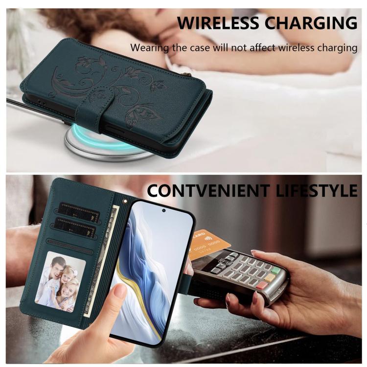 For Google Pixel 10 Pro XL / 9 Pro XL Butterfly Love Flower Multi-card Zipper Wallet Leather Phone Case(Dark Green) - Google Cases by buy2fix | Online Shopping UK | buy2fix