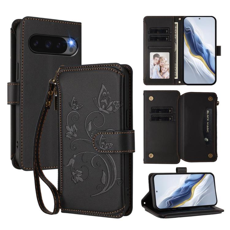 For Google Pixel 10 Pro XL / 9 Pro XL Butterfly Love Flower Multi-card Zipper Wallet Leather Phone Case(Black) - Google Cases by buy2fix | Online Shopping UK | buy2fix