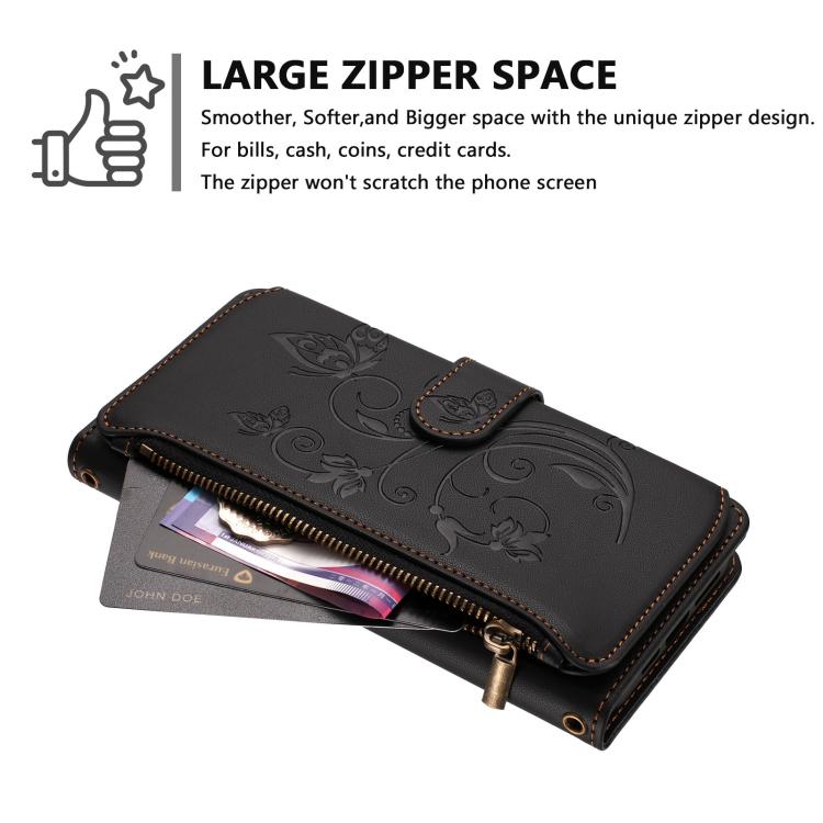 For Google Pixel 10 Pro XL / 9 Pro XL Butterfly Love Flower Multi-card Zipper Wallet Leather Phone Case(Black) - Google Cases by buy2fix | Online Shopping UK | buy2fix