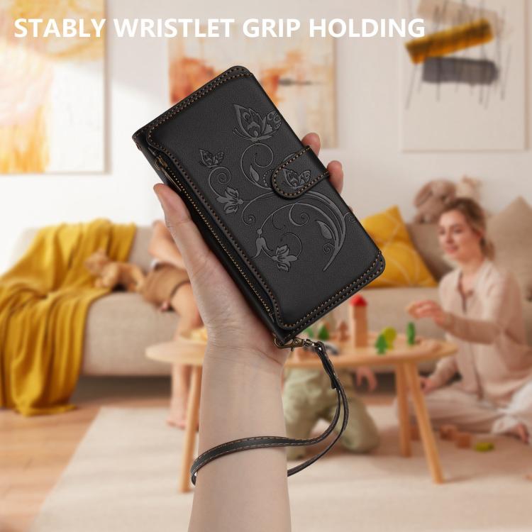 For Google Pixel 10 Pro XL / 9 Pro XL Butterfly Love Flower Multi-card Zipper Wallet Leather Phone Case(Black) - Google Cases by buy2fix | Online Shopping UK | buy2fix