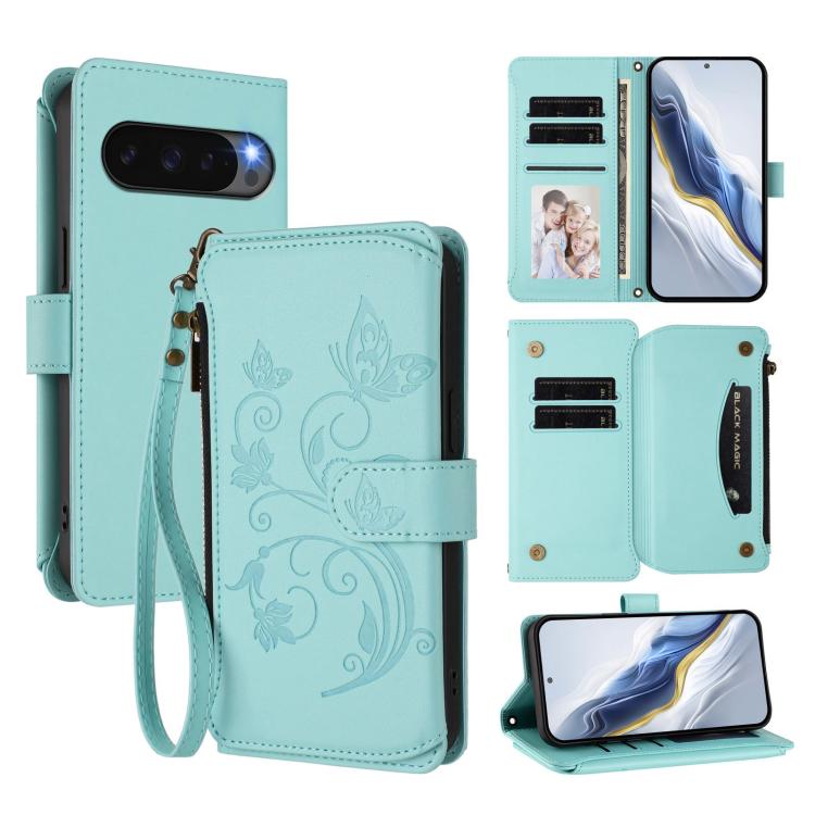 For Google Pixel 10 Pro XL / 9 Pro XL Butterfly Love Flower Multi-card Zipper Wallet Leather Phone Case(Mint Green) - Google Cases by buy2fix | Online Shopping UK | buy2fix