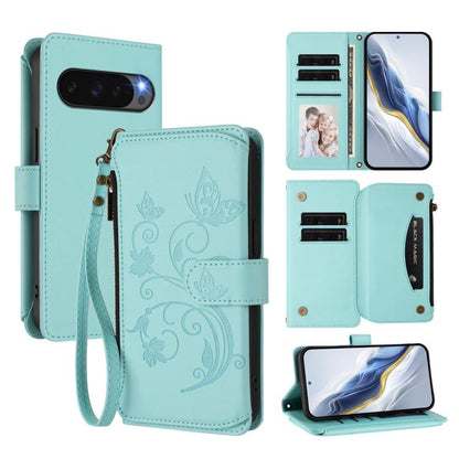 For Google Pixel 10 Pro XL / 9 Pro XL Butterfly Love Flower Multi-card Zipper Wallet Leather Phone Case(Mint Green) - Google Cases by buy2fix | Online Shopping UK | buy2fix
