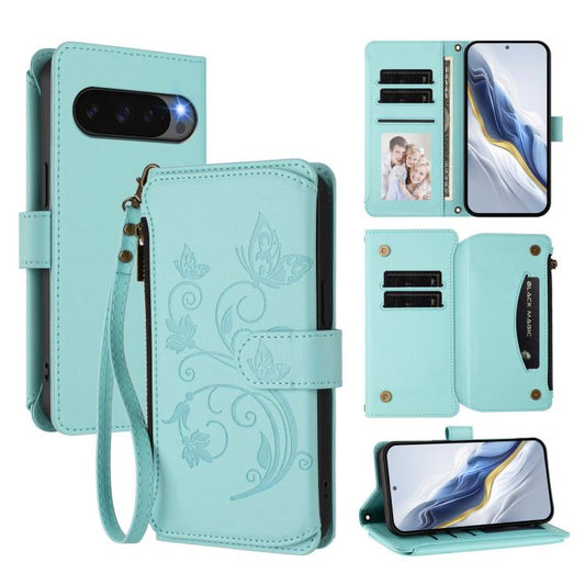 For Google Pixel 10 Pro XL / 9 Pro XL Butterfly Love Flower Multi-card Zipper Wallet Leather Phone Case(Mint Green) - Google Cases by buy2fix | Online Shopping UK | buy2fix