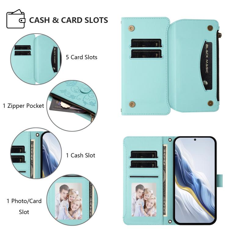 For Google Pixel 10 Pro XL / 9 Pro XL Butterfly Love Flower Multi-card Zipper Wallet Leather Phone Case(Mint Green) - Google Cases by buy2fix | Online Shopping UK | buy2fix
