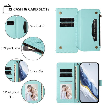 For Google Pixel 10 Pro XL / 9 Pro XL Butterfly Love Flower Multi-card Zipper Wallet Leather Phone Case(Mint Green) - Google Cases by buy2fix | Online Shopping UK | buy2fix