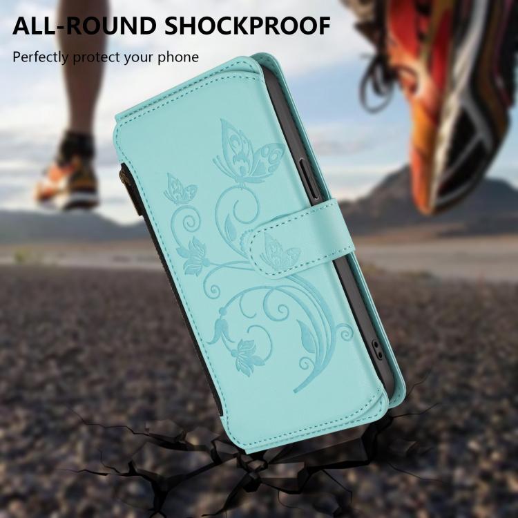 For Google Pixel 10 Pro XL / 9 Pro XL Butterfly Love Flower Multi-card Zipper Wallet Leather Phone Case(Mint Green) - Google Cases by buy2fix | Online Shopping UK | buy2fix