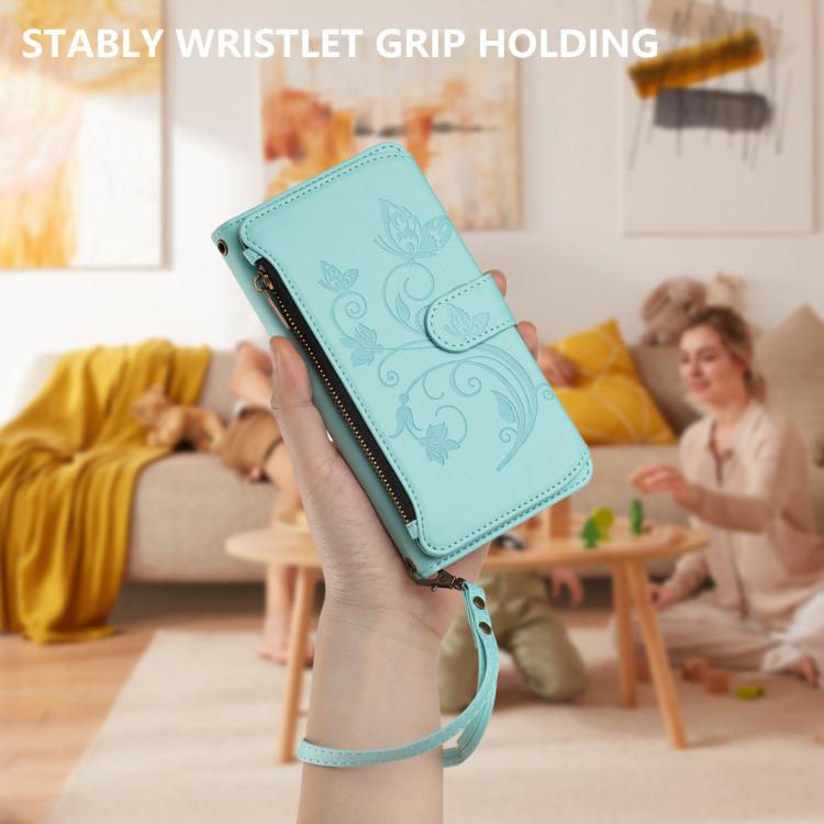 For Google Pixel 10 Pro XL / 9 Pro XL Butterfly Love Flower Multi-card Zipper Wallet Leather Phone Case(Mint Green) - Google Cases by buy2fix | Online Shopping UK | buy2fix