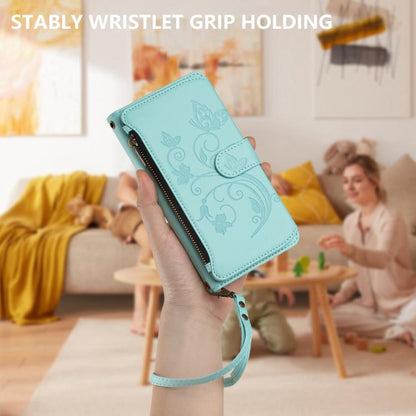 For Google Pixel 10 Pro XL / 9 Pro XL Butterfly Love Flower Multi-card Zipper Wallet Leather Phone Case(Mint Green) - Google Cases by buy2fix | Online Shopping UK | buy2fix
