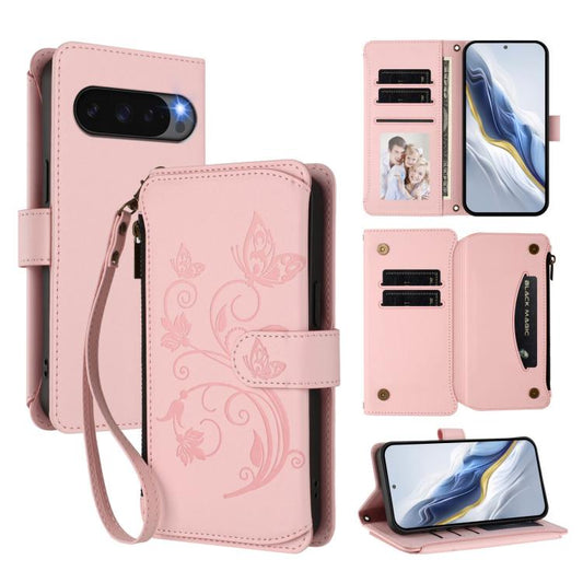 For Google Pixel 10 Pro XL / 9 Pro XL Butterfly Love Flower Multi-card Zipper Wallet Leather Phone Case(Pink) - Google Cases by buy2fix | Online Shopping UK | buy2fix