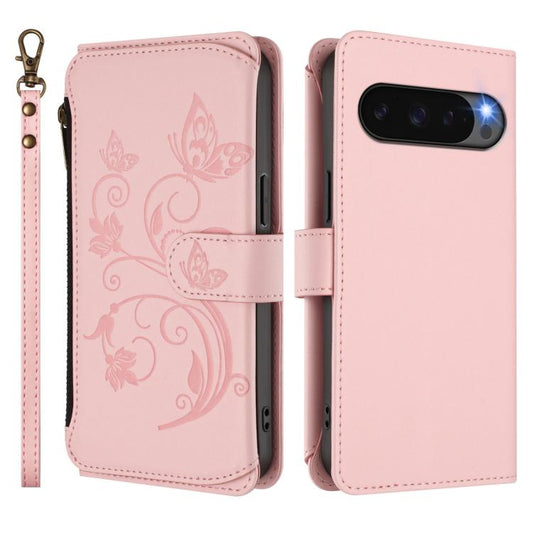 For Google Pixel 10 Pro XL / 9 Pro XL Butterfly Love Flower Multi-card Zipper Wallet Leather Phone Case(Pink) - Google Cases by buy2fix | Online Shopping UK | buy2fix