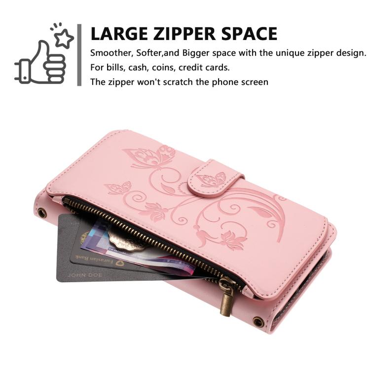 For Google Pixel 10 Pro XL / 9 Pro XL Butterfly Love Flower Multi-card Zipper Wallet Leather Phone Case(Pink) - Google Cases by buy2fix | Online Shopping UK | buy2fix