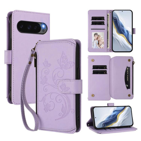 For Google Pixel 10 Pro XL / 9 Pro XL Butterfly Love Flower Multi-card Zipper Wallet Leather Phone Case(Light Purple) - Google Cases by buy2fix | Online Shopping UK | buy2fix