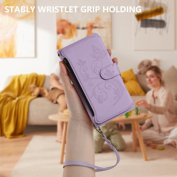 For Google Pixel 10 Pro XL / 9 Pro XL Butterfly Love Flower Multi-card Zipper Wallet Leather Phone Case(Light Purple) - Google Cases by buy2fix | Online Shopping UK | buy2fix
