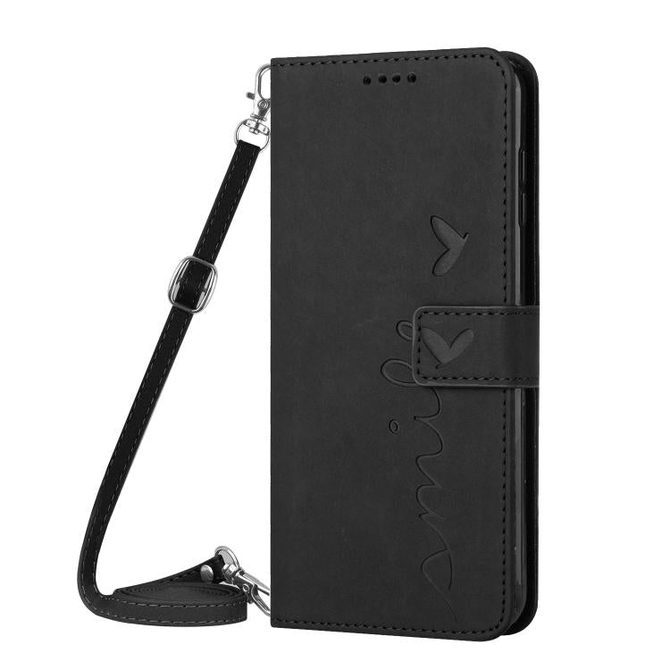 For iPhone Air Skin Feel Heart Embossed Leather Phone Case with Long Lanyard(Black) - iPhone Air Cases by buy2fix | Online Shopping UK | buy2fix