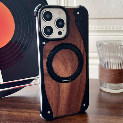 For iPhone 16 Pro Max Walnut Metal Frameless 360 Degree Rotation Holder MagSafe Phone Case(Black) - iPhone 16 Pro Max Cases by buy2fix | Online Shopping UK | buy2fix