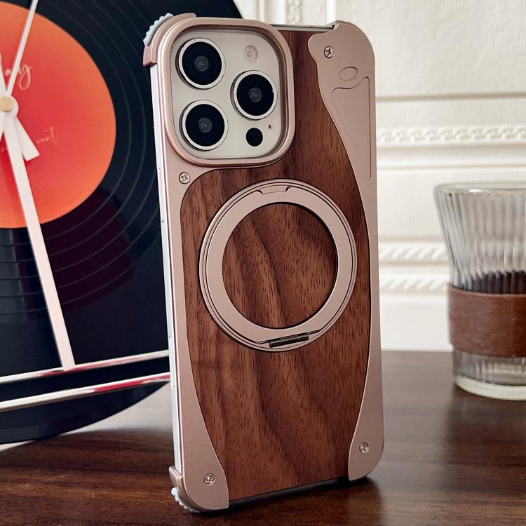 For iPhone 16 Pro Max Walnut Metal Frameless 360 Degree Rotation Holder MagSafe Phone Case(Dessert Gold) - iPhone 16 Pro Max Cases by buy2fix | Online Shopping UK | buy2fix