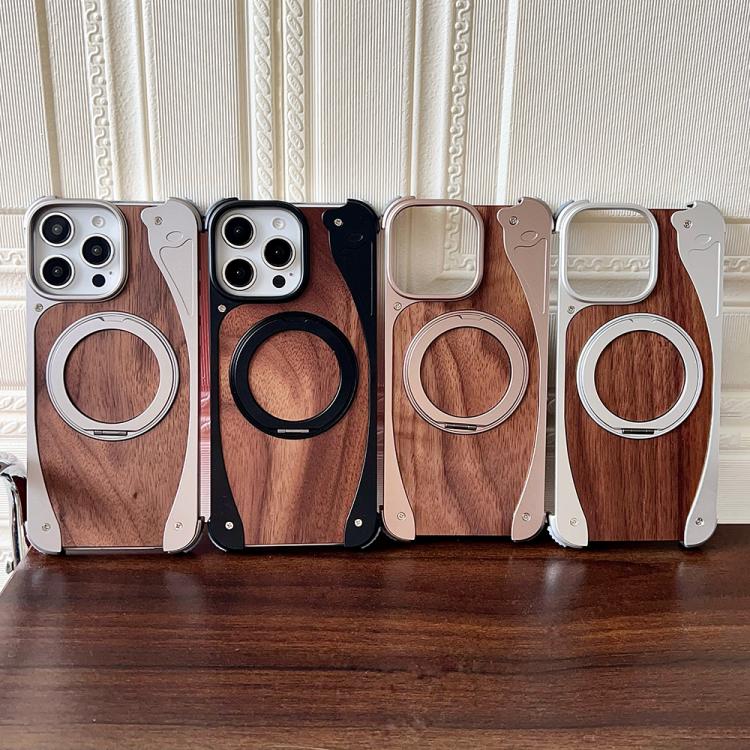 For iPhone 16 Pro Max Walnut Metal Frameless 360 Degree Rotation Holder MagSafe Phone Case(Titanium Color) - iPhone 16 Pro Max Cases by buy2fix | Online Shopping UK | buy2fix