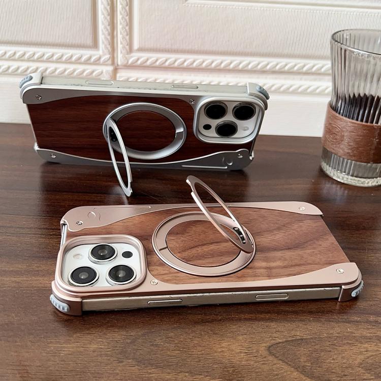 For iPhone 15 Pro Max Walnut Metal Frameless 360 Degree Rotation Holder MagSafe Phone Case(Black) - iPhone 15 Pro Max Cases by buy2fix | Online Shopping UK | buy2fix