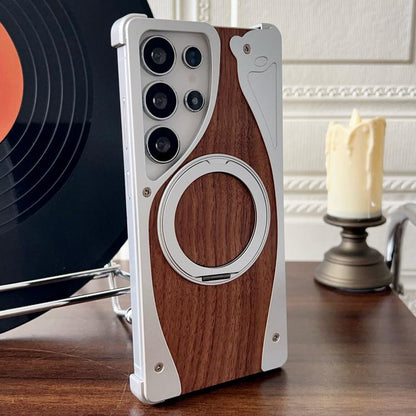 For Samsung Galaxy S25 Ultra 5G Walnut Metal Frameless 360 Degree Rotation Holder MagSafe Phone Case(Silver) - Galaxy S25 Ultra 5G Cases by buy2fix | Online Shopping UK | buy2fix