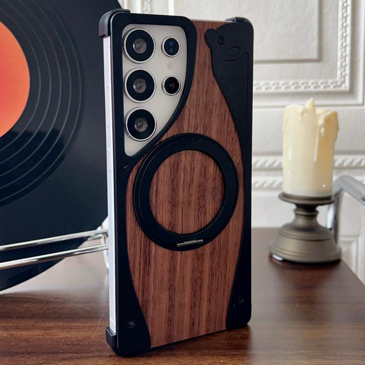 For Samsung Galaxy S25 Ultra 5G Walnut Metal Frameless 360 Degree Rotation Holder MagSafe Phone Case(Black) - Galaxy S25 Ultra 5G Cases by buy2fix | Online Shopping UK | buy2fix