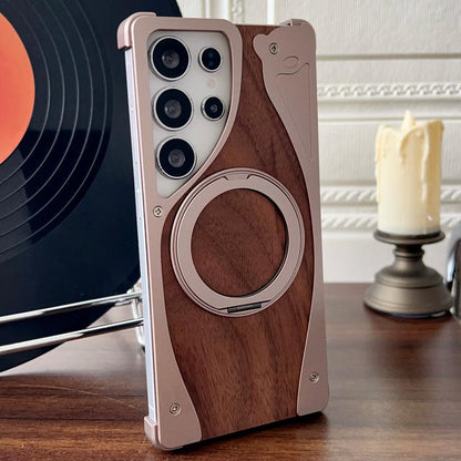 For Samsung Galaxy S23 Ultra 5G Walnut Metal Frameless 360 Degree Rotation Holder MagSafe Phone Case(Dessert Gold) - Galaxy S23 Ultra 5G Cases by buy2fix | Online Shopping UK | buy2fix