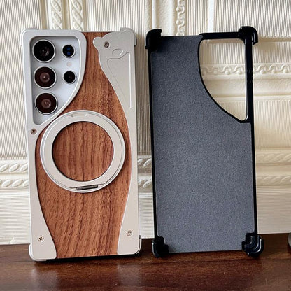 For Samsung Galaxy S23 Ultra 5G Walnut Metal Frameless 360 Degree Rotation Holder MagSafe Phone Case(Black) - Galaxy S23 Ultra 5G Cases by buy2fix | Online Shopping UK | buy2fix