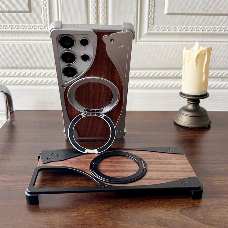 For Samsung Galaxy S24 Ultra 5G Walnut Metal Frameless 360 Degree Rotation Holder MagSafe Phone Case(Silver) - Galaxy S24 Ultra 5G Cases by buy2fix | Online Shopping UK | buy2fix