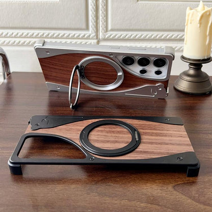 For Samsung Galaxy S25 Ultra 5G Walnut Metal Frameless 360 Degree Rotation Holder MagSafe Phone Case(Black) - Galaxy S25 Ultra 5G Cases by buy2fix | Online Shopping UK | buy2fix