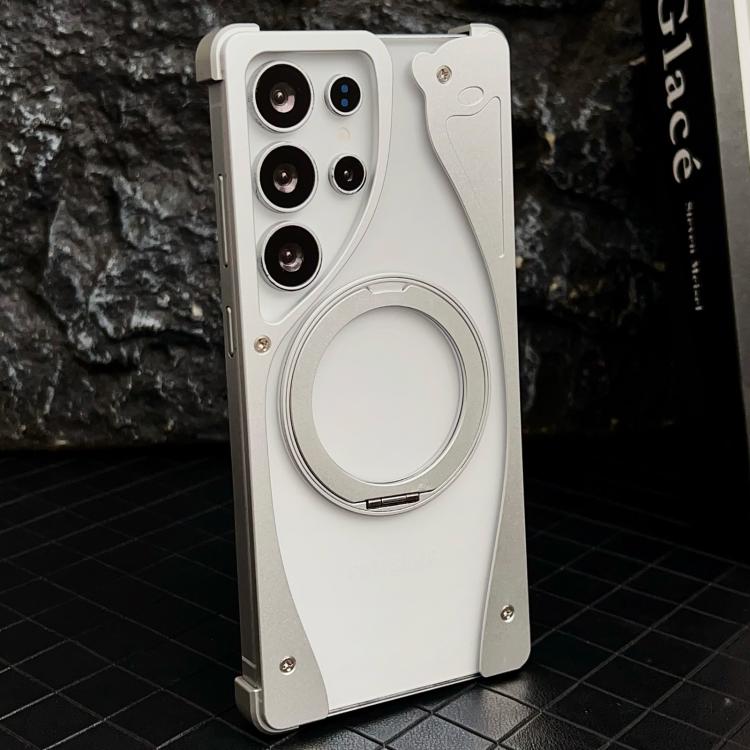 For Samsung Galaxy S25 Ultra 5G Metal Frameless 360 Degree Rotation Holder MagSafe Transparent Phone Case(Silver) - Galaxy S25 Ultra 5G Cases by buy2fix | Online Shopping UK | buy2fix