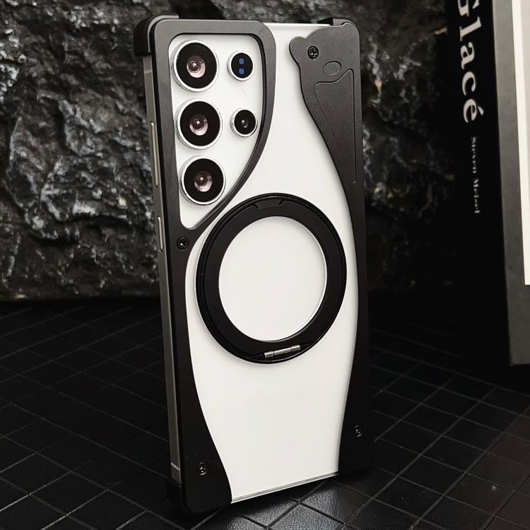 For Samsung Galaxy S24 Ultra 5G Metal Frameless 360 Degree Rotation Holder MagSafe Transparent Phone Case(Black) - Galaxy S24 Ultra 5G Cases by buy2fix | Online Shopping UK | buy2fix