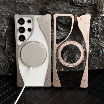 For Samsung Galaxy S24 Ultra 5G Metal Frameless 360 Degree Rotation Holder MagSafe Transparent Phone Case(Titanium Color) - Galaxy S24 Ultra 5G Cases by buy2fix | Online Shopping UK | buy2fix