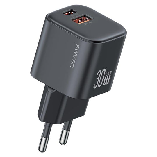USAMS CC263 30W GaN USB-C / Type-C, USB Dual-port Mini Fast Charger, Plug:EU Plug(Black)