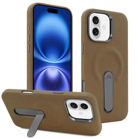 For iPhone 16 VIETAO Suede MagSafe PU Leather Phone Case with Holder(Dark Brown) - iPhone 16 Cases by VIETAO | Online Shopping UK | buy2fix