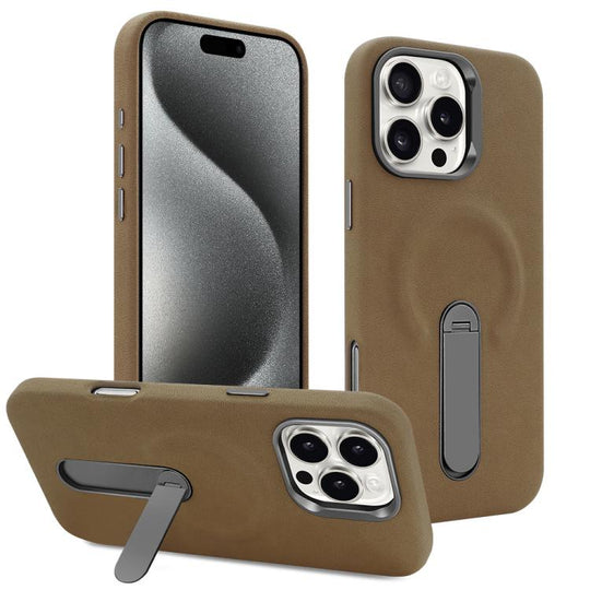For iPhone 15 Pro Max VIETAO Suede MagSafe PU Leather Phone Case with Holder(Dark Brown)