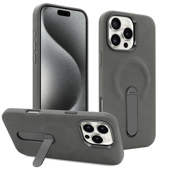 For iPhone 15 Pro Max VIETAO Suede MagSafe PU Leather Phone Case with Holder(Dark Grey)
