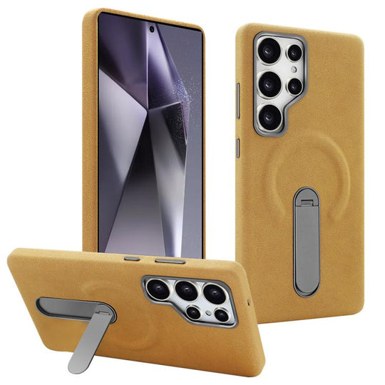 For Samsung Galaxy S24 Ultra 5G VIETAO Suede MagSafe PU Leather Phone Case with Holder(Light Brown)