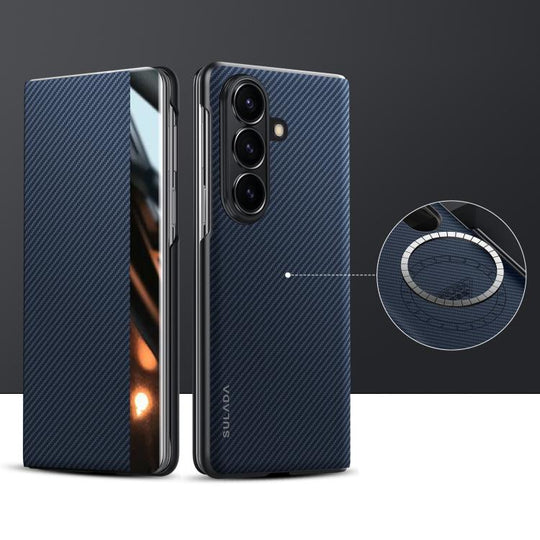 For Samsung Galaxy Z Fold7 5G SULADA Kevlar 600D Texture Smart Window Leather Phone Case(Blue)