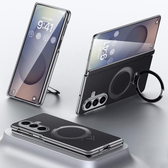 For Samsung Galaxy Z Fold7 5G SULADA Top Grain Leather MagSafe Magnetic Holder Phone Case(Black)