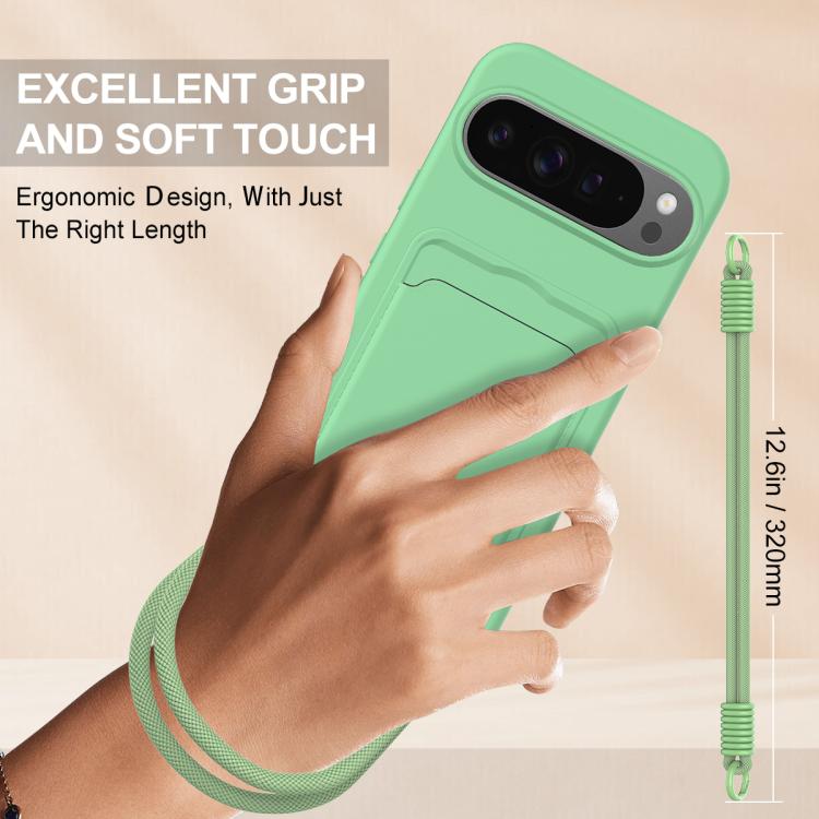For Google Pixel 10 Pro XL Integrated Card Bag Solid Color Liquid Silicone Phone Case Gen2 with Short Lanyard(Green) - Google Cases by buy2fix | Online Shopping UK | buy2fix