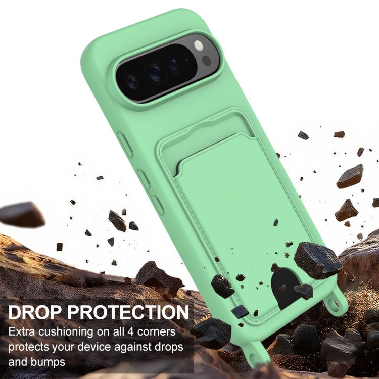For Google Pixel 10 Pro XL Integrated Card Bag Solid Color Liquid Silicone Phone Case Gen2 with Short Lanyard(Green) - Google Cases by buy2fix | Online Shopping UK | buy2fix