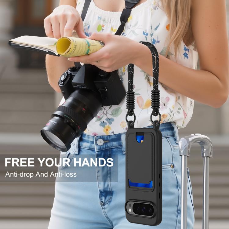 For Google Pixel 10 Pro XL Integrated Card Bag Solid Color Liquid Silicone Phone Case Gen2 with Short Lanyard(Black) - Google Cases by buy2fix | Online Shopping UK | buy2fix